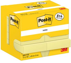 Post-It Notes, 100 vel, ft 38 x 51 mm, geel, 8 + 4 GRATIS