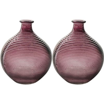 Bloemenvaas/flesvaas - 2x - paars - bolvorm met ribbel - D16 x H20 cm