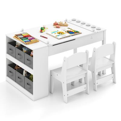 2-in-1 Kinder Kunsttafel en Ezeltje Set met 2 Stoelen Multifunctionele Houten Kindertafel met Verstelbaar Tafelblad Wit
