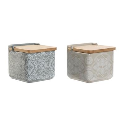 Zoutvaatje met deksel Home ESPRIT Blauw Beige Roze Lila Bamboe 750 ml 14 x 12,5 x 12 cm (2 Stuks)