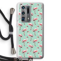 Flamingoprint groen: Huawei P40 Pro Plus Transparant Hoesje met koord