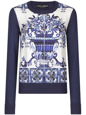 Dolce & Gabbana pull en soie à imprimé Majolica - Bleu