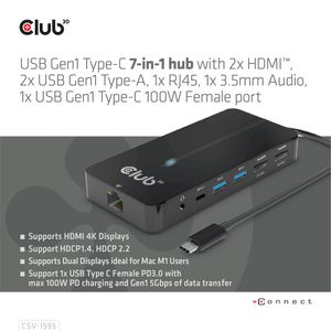 CLUB3D Type-C 7-in-1 hub met 2x HDMI, 2x USB Gen1 Type-A, 1x RJ45, 1x 3.5mm Audio,1x USB Gen1 Type-C 100W Silicon motion chip geschikt voor apple m1/2