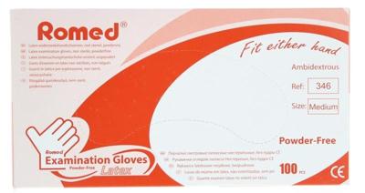 Romed Latex handschoen niet steriel poedervrij M 100 Stuks Romed Latex handschoen niet steriel poedervrij M 100 Stuks