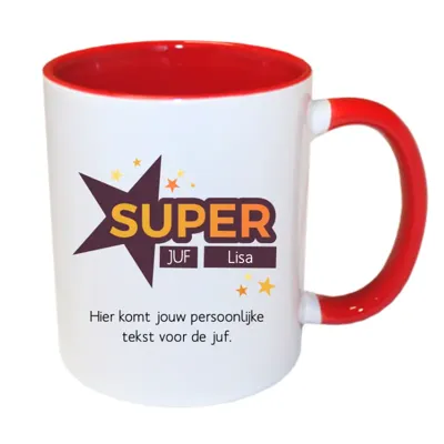 Super Juf mok met naam (rood)