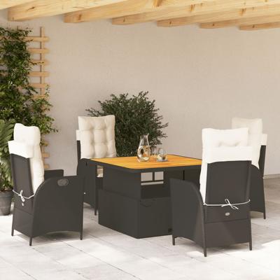 5-delige Tuinset met kussens poly rattan zwart