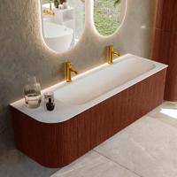 Badmeubel Mondiaz Kurve | 145 cm cm | Meubelkleur Ruby | Wastafelkleur Talc | Solid surface | Wasbak rechter zijde spoelbak | 2 kraangaten