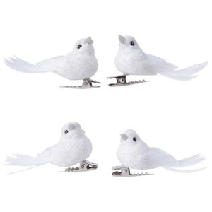 4x Decoratie glitter vogeltjes wit op clip 5 cm   -
