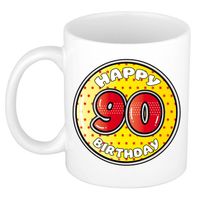 Bellatio Decorations Verjaardag cadeau mok - 90 jaar - geel - sterretjes - 300 ml - keramiek - feest mokken - thumbnail