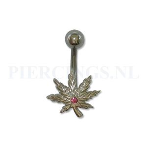 Navelpiercing wietblad met roze zirkonia