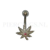 Navelpiercing wietblad met roze zirkonia