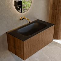 Mondiaz KURVE 90 cm Onderkast Greeploos 1 Lade Zonder Deuren Walnut, Wastafel Solid Surface Midden Urban 0 Kraangaten Zonder Spiegel (KRVBGS901L0D0KM-Wal/Urb)