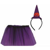 Heksen verkleed setje voor kinderen - rokje/diadeem - paars - Halloween/carnaval verkleed accessoire