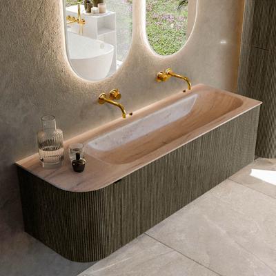 Badmeubel Mondiaz Kurve-Dlux | 145 cm | Meubelkleur Shadow | Wastafelkleur Saba | Solid surface | Wasbak rechter zijde spoelbak | Zonder kraangat(en)