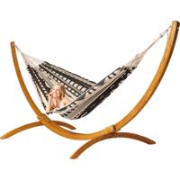 Familie hangmat met houten standaard - 400x180cm - Zwart - 200kg draagkracht- 100% katoen - binnen & buiten