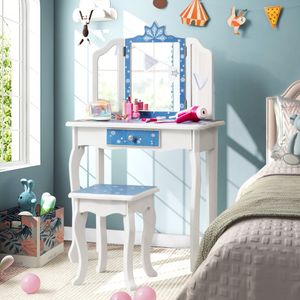 Make-Uptafelset voor Kinderen Kaptafel met Drievoudig Inklapbare Spiegel Lade en Kruk 2-In-1 Make-Uptafel en Bureau (Blauw + Wit)