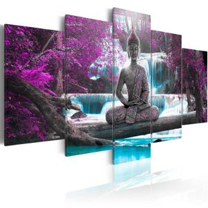 Schilderij - Waterval en Boeddha , 5 luik