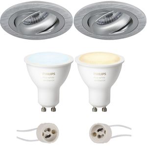 Pragmi Alpin Pro - Inbouw Rond - Mat Zilver - Kantelbaar Ø92mm - Philips Hue - LED Spot Set GU10 - White Ambiance - Bluetooth