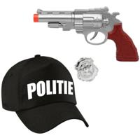 Politie verkleed baseballcap - petje - zwart - met pistool en badge - voor volwassenen - carnaval