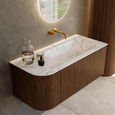 Badmeubel Mondiaz Kurve-Dlux | 105 cm | Meubelkleur Walnut | Wastafelkleur Glace | Solid surface | Rechts spoelbak | Zonder kraangat(en)