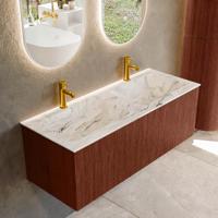 Badmeubel Mondiaz Kurve-Dlux | 120 cm cm | Meubelkleur Ruby | Wastafelkleur Glace | Solid surface | Wasbak beiden zijden spoelbak | 2 kraangaten