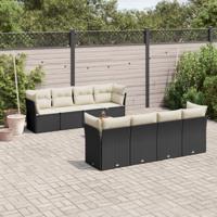 9-delige Loungeset met kussens poly rattan zwart