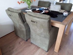 Set van 4 leren eetkamerfauteuils - met armleuning en wieltjes - groen leer - Echt leer, Landelijk, ontdek de vele Leersoorten en Kleuren bij ShopX