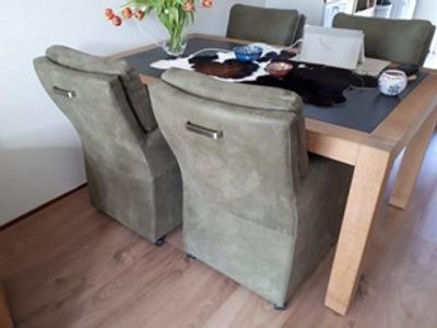 Set van 4 leren eetkamerfauteuils - met armleuning en wieltjes - groen leer - Echt leer, Landelijk, ontdek de vele Leersoorten en Kleuren bij ShopX