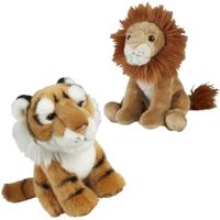 Knuffeldieren set leeuw en tijger pluche knuffels 18 cm