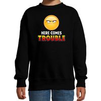 Funny emoticon sweater Here comes trouble zwart kids