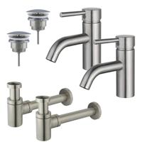 Fortifura Calvi Wastafelkraanset - voor dubbele wastafel - lage wastafelkraan - always open plug - verlaagde design sifon - Geborsteld RVS PVD (RVS) 2x SW377856/2x SW696207/2x SW696217