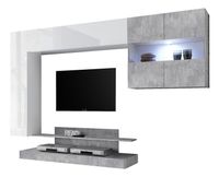 Tv-wandmeubel Ramon 248 cm breed in hoogglans wit met grijs beton