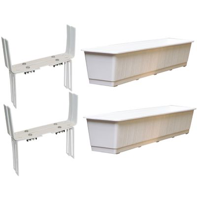 Set van 4 kunststof plantenbakken wit rechthoekig 80 cm met 8 verstelbare balkon/muurbeugels