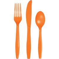 Feest bestek setje - 18-delig - herbruikbaar kunststof - oranje - messen/vorken/lepels   -
