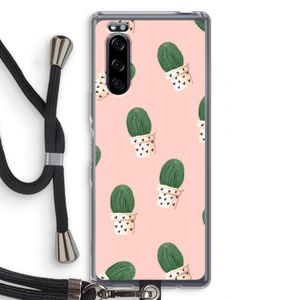 Cactusprint roze: Sony Xperia 5 Transparant Hoesje met koord