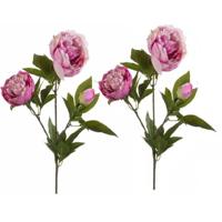 Kunstbloem pioenrozen tak - 2x - 3 bloemen - roze - 70 cm - decoratie
