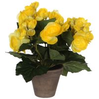 Gele Begonia kunstplant 25 cm in grijze pot - Kunstplanten - thumbnail