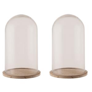 Glazen decoratie stolp op houten plateau - 2x - D18 x H28 cm - Home Deco stolpen - Woonaccessoires