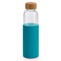 Glazen waterfles/drinkfles - turquoise blauw siliconen beschermhoes - 600 ml - Sportfles - Bidon