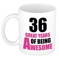 36 great years of being awesome cadeau mok / beker wit en roze - thumbnail