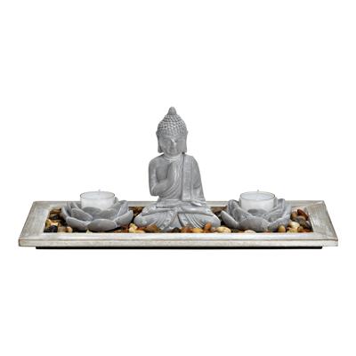 Buddha met 2 theelichthouders, houten dienblad, decoratiestenen van grijs cement (B/H/D) 33x14x14cm