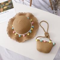 Meisjes zomer ademend stro gevlochten Floral vorm grens strand zon hoed + kleine Satchel set grootte: 50-52cm (gekleurde bal kaki)