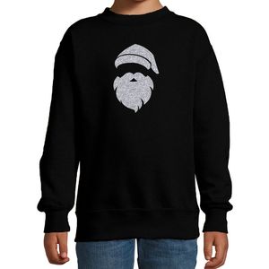 Kerstman hoofd Kerstsweater / Kersttrui zwart voor kinderen met zilveren glitter bedrukking