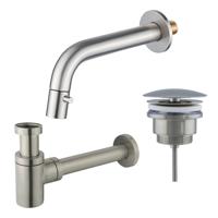 Fortifura Calvi Fonteinkraanset - inbouw - uitloop 18cm - inkortbaar - sifon - always open plug - Geborsteld RVS PVD (RVS) SW1108829/SW696217/SW696207