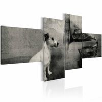 Schilderij - Hond bij grammofoon, 4 luik, Zwart/wit, 2 maten, Premium print - thumbnail