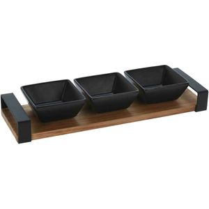 Serveerplank acacia hout met 3 hapjes/saus/tapas schaaltjes 32 x 10 cm