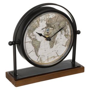 Tafelklok Earth Map - zwart - H21 cm - Dia klok 16 cm - glas/metaal - op standaard