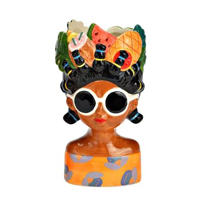 Bloempot/vaas vrouwenhoofd - tropische dame met fruit - keramiek - 10 x 20 cm - knotjes Bloempot/vaas vrouwenhoofd - tropische dame met fruit - keramiek - 10 x 20 cm - knotjes