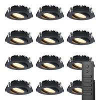 12x LED inbouwspots Rome - Zwart - 6 Watt 500 lumen - Kantelbaar - Dimbaar - 2700K warm wit - IP44 Waterdicht - Inclusief afstandsbediening - Geringe inbouwdiepte