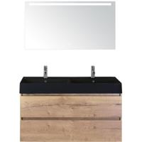 Maxx XL Badmeubelset 120 cm - Natuur Eiken - Wastafel Kube Dubbel Zwart 2 Kraangaten met LED Spiegel
